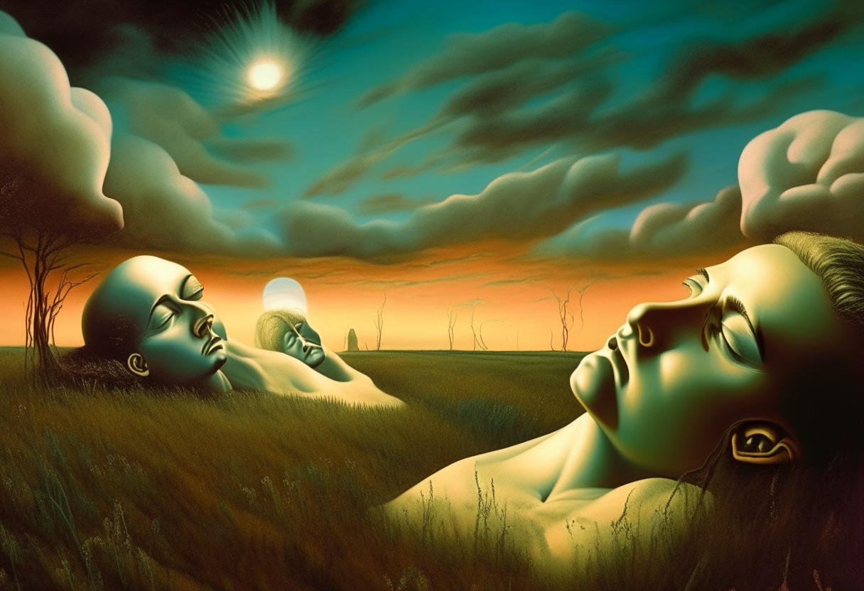 Grass grows from the eyes of sleeping figures in a field under a dali-esque sky, bizarre surrealist scene