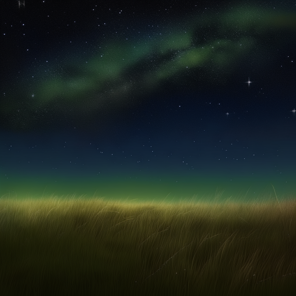 A grassy field under a night sky, the Milky Way stretches across like a river of stars. Among the tall grass, small planets take shape and serpentine creatures uncoil, all emerging from the stardust.
