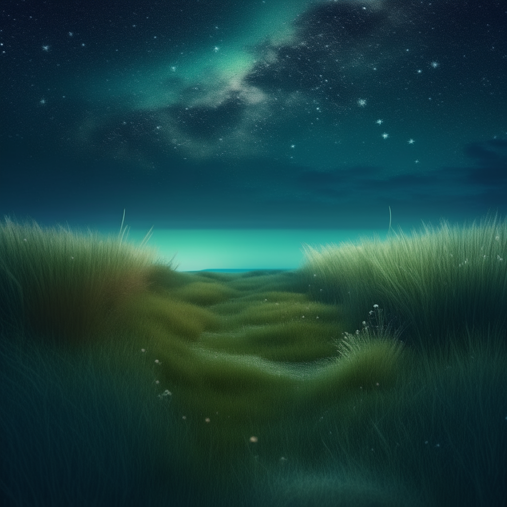 A starry sea merges into a grassy field under the night sky, surreal dreamscape