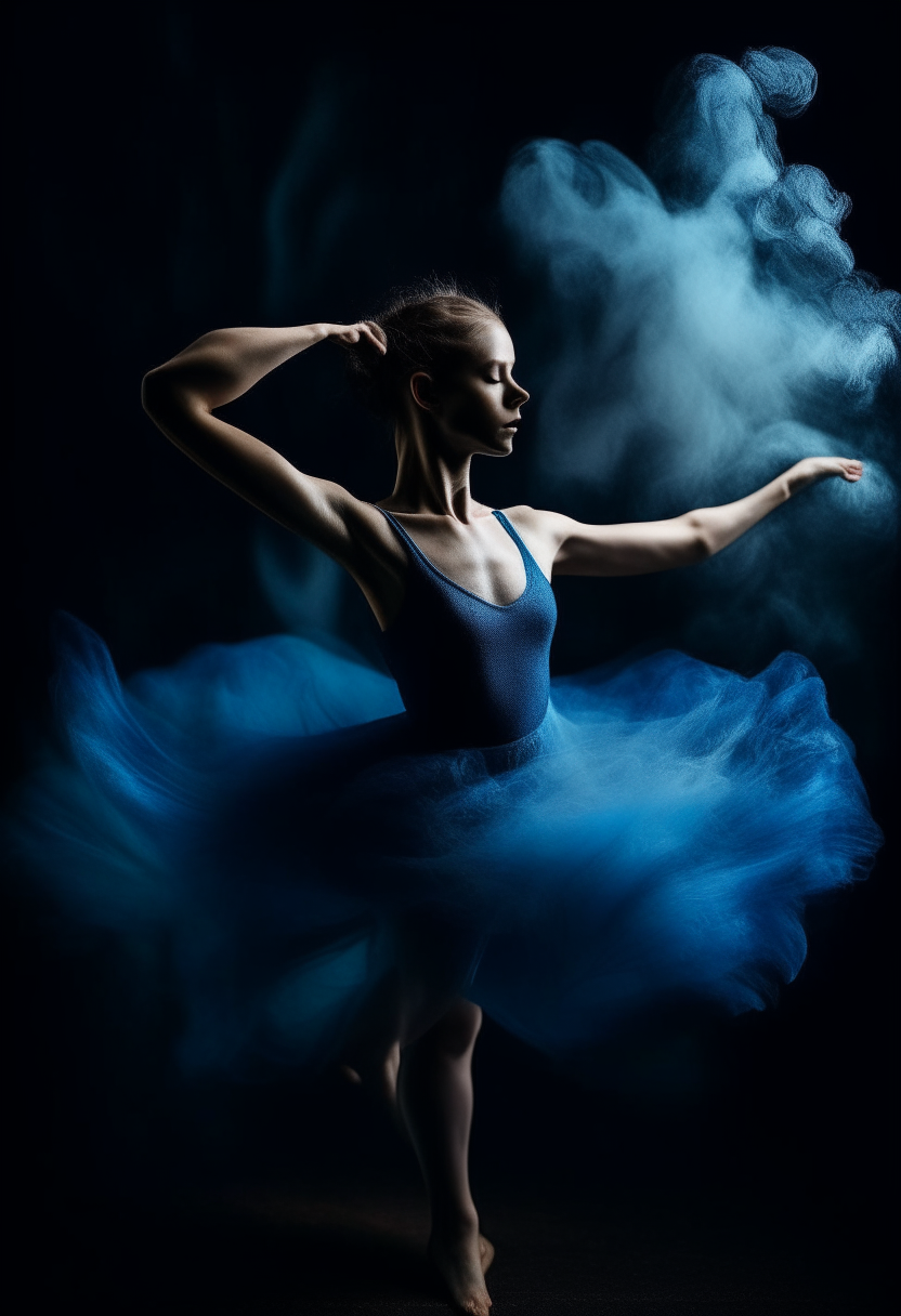 a dancing ballerina with whirling blue smoke
