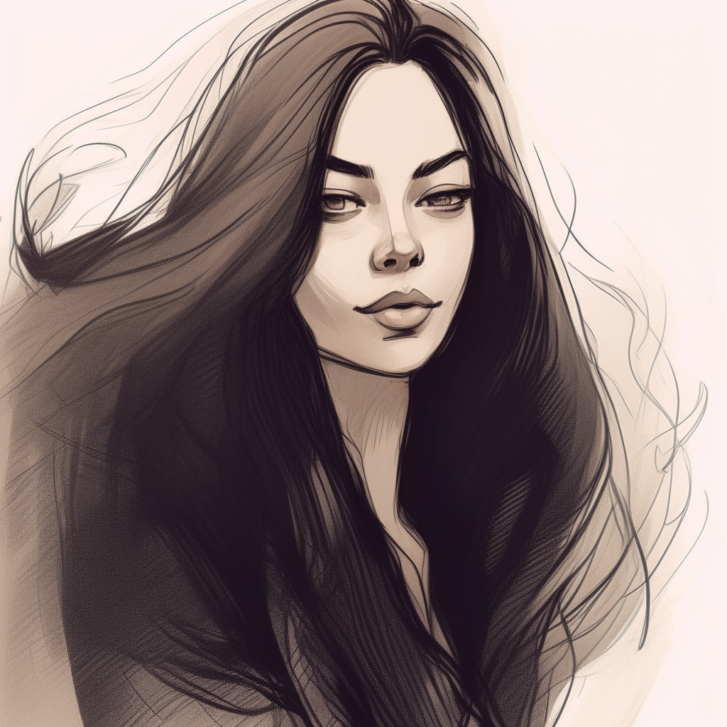 a sketch portrait of a woman with long, flowing black hair posing for a picture, her hair looks majestic