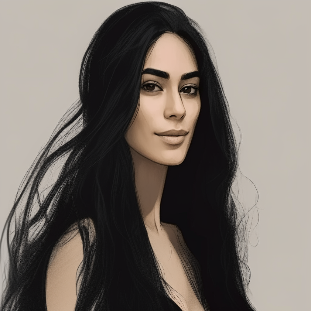 a sketch portrait of the woman from image-1 with long, flowing black hair posing for a picture, her facial features resemble the original while her hair looks majestic