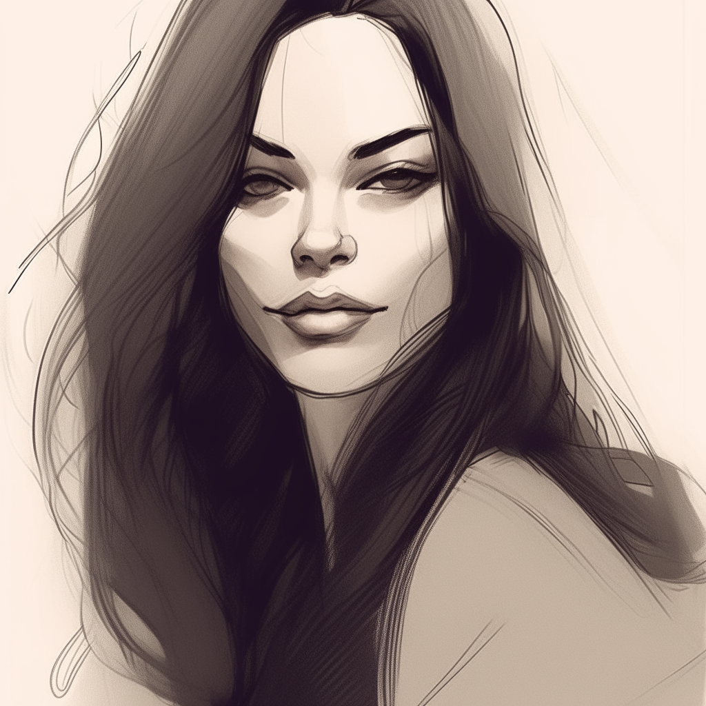 a sketch portrait of a woman with long, flowing black hair posing for a picture, her facial features are similar to the original image but her hair is drawn in an artistic, majestic style