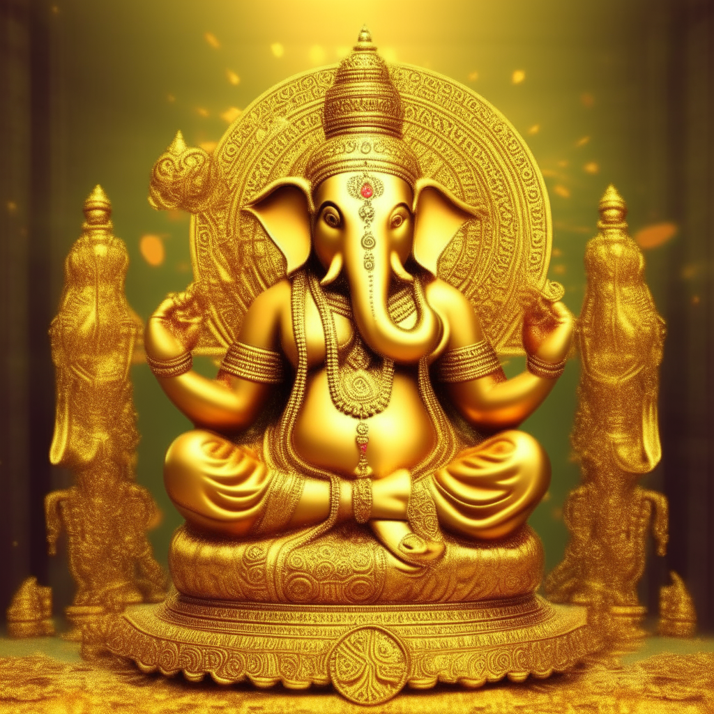 Create lord ganesh with golden background and money, 1920x1080 8k quality