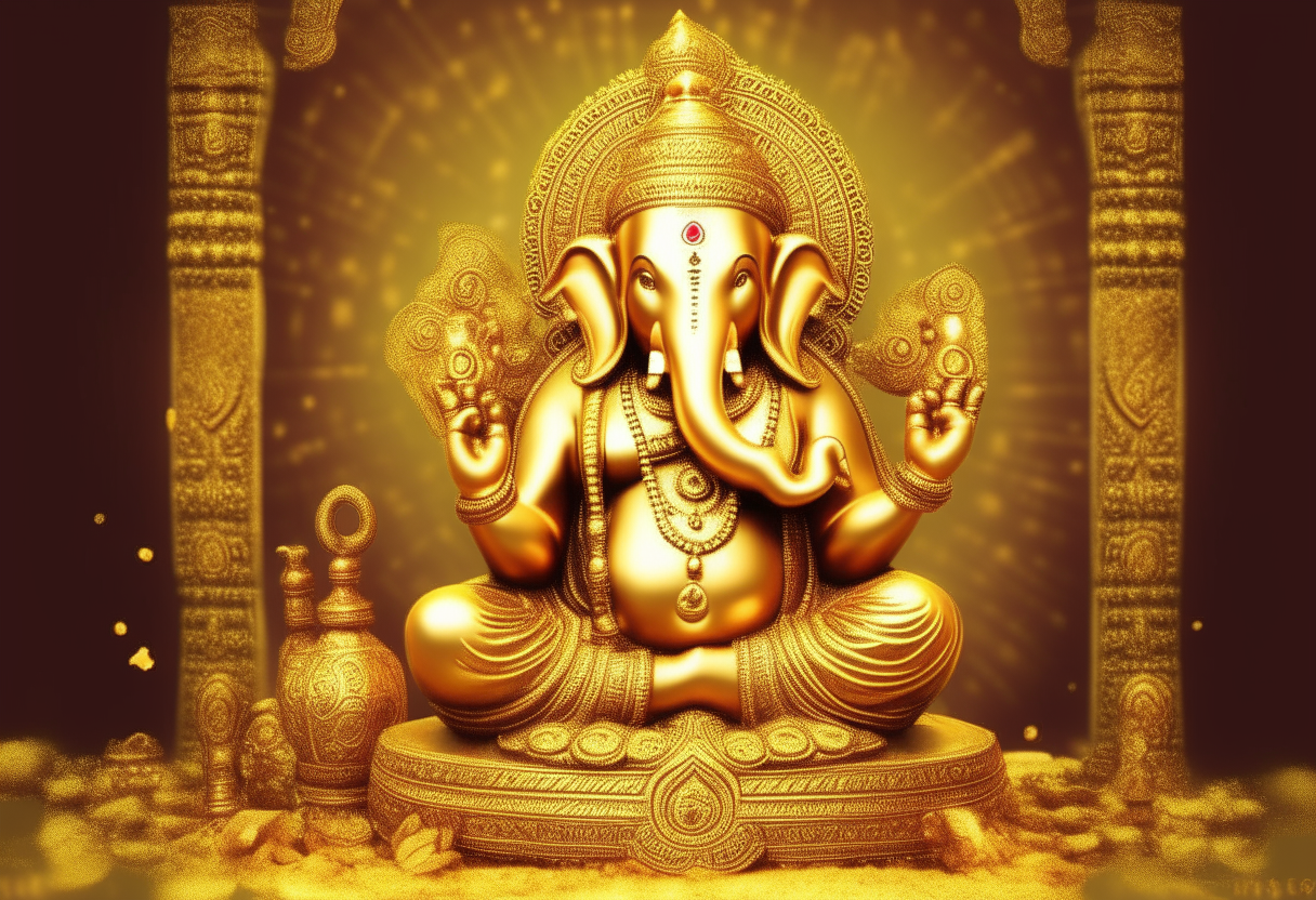 Create lord ganesh with golden background and money, 1920x1080 8k quality