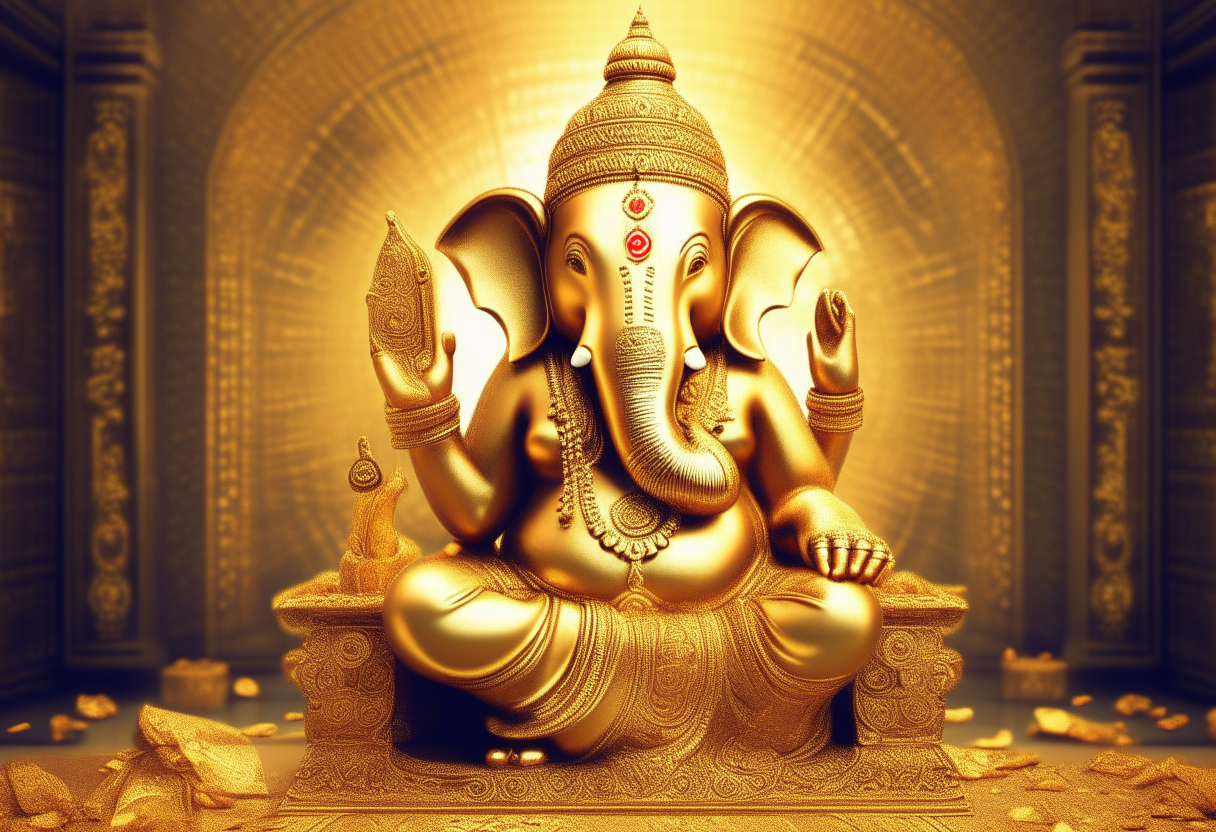 Create elephant lord ganesh with golden background and money, 1920x1080 8k quality