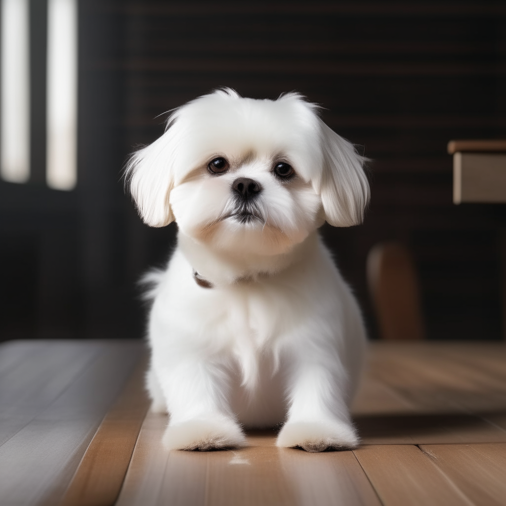 A playful white Maltese puppy standing happily on a wooden chair, looking up with its paw out