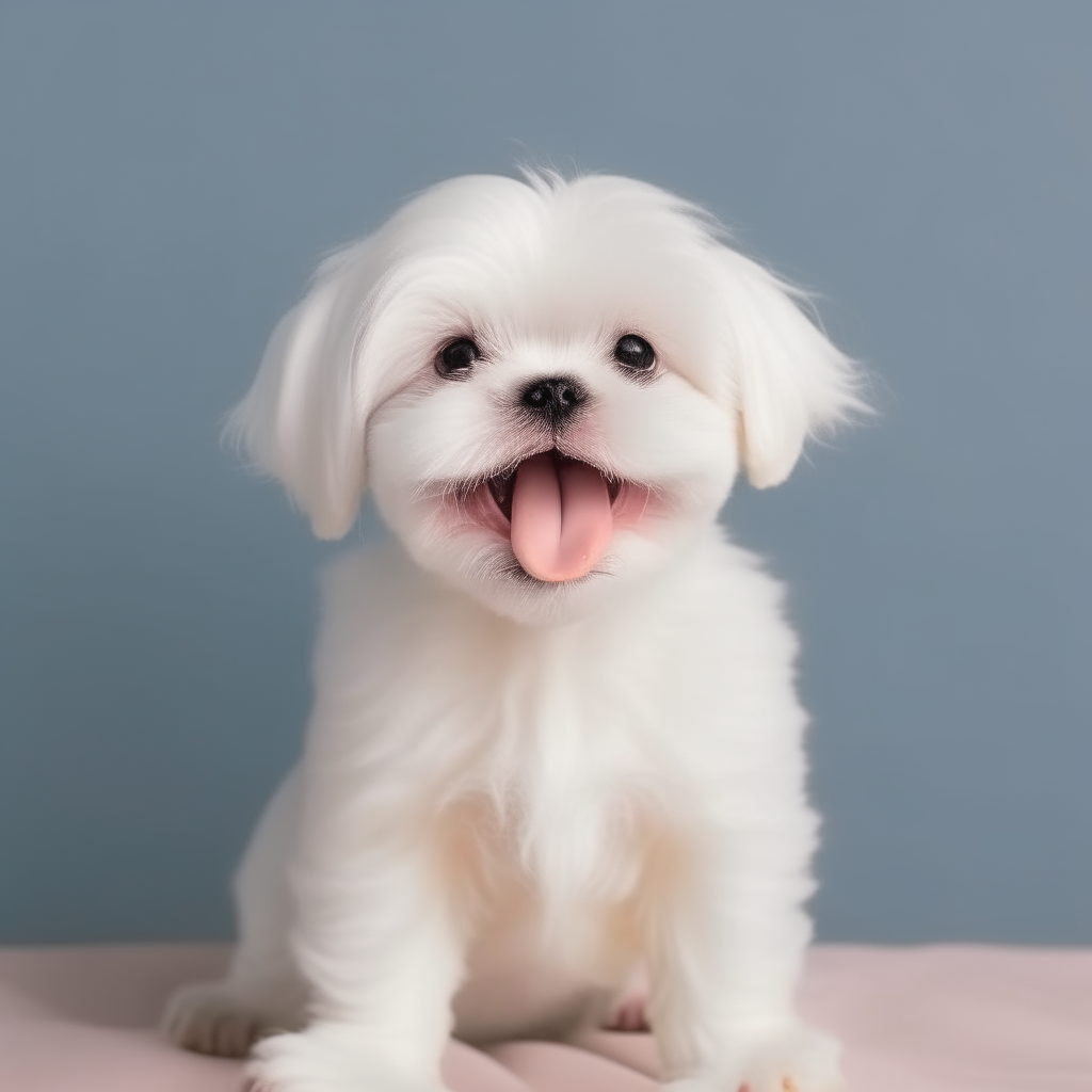 A cute white Maltese puppy sitting with its tongue out