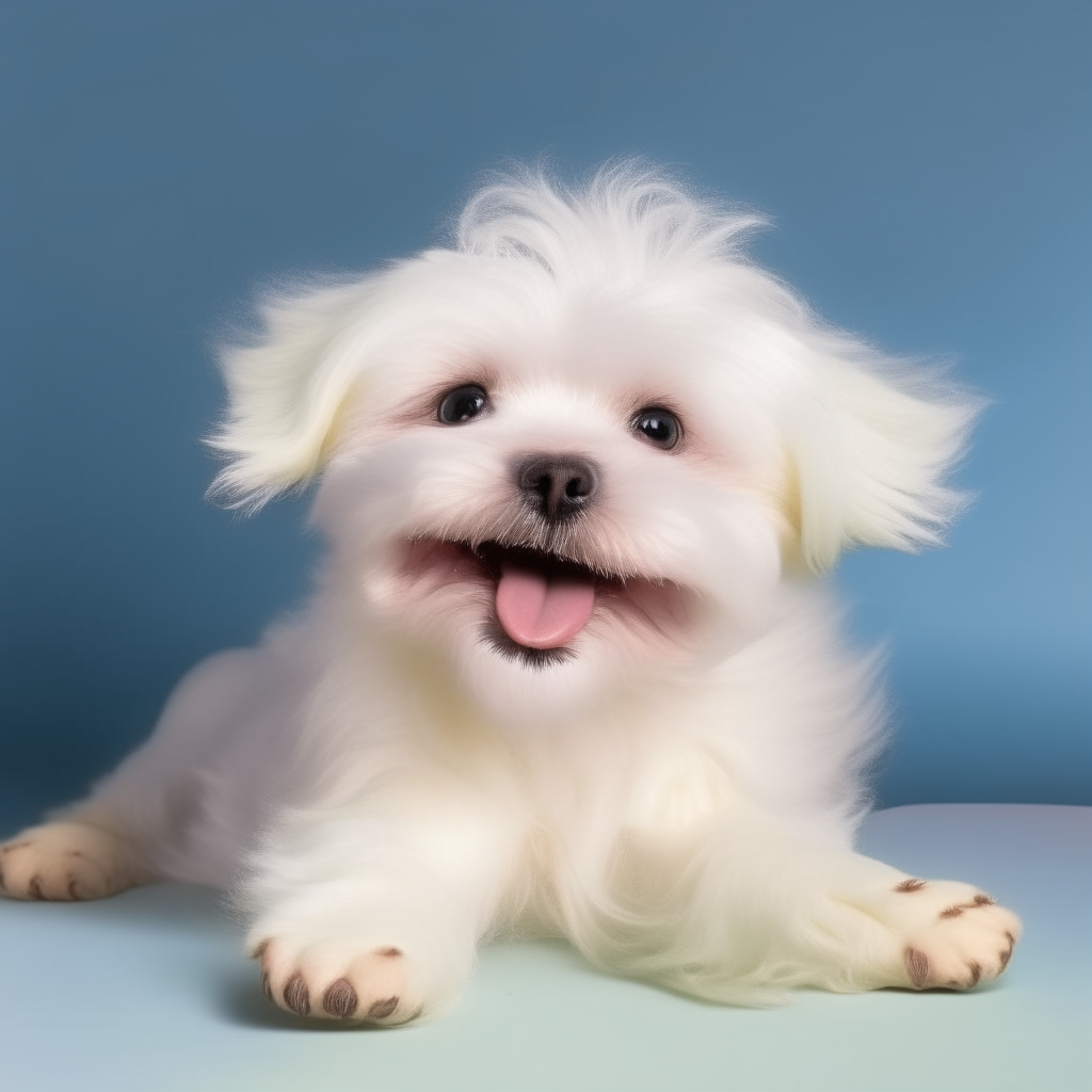 A playful white Maltese puppy laying on its back with its tongue out