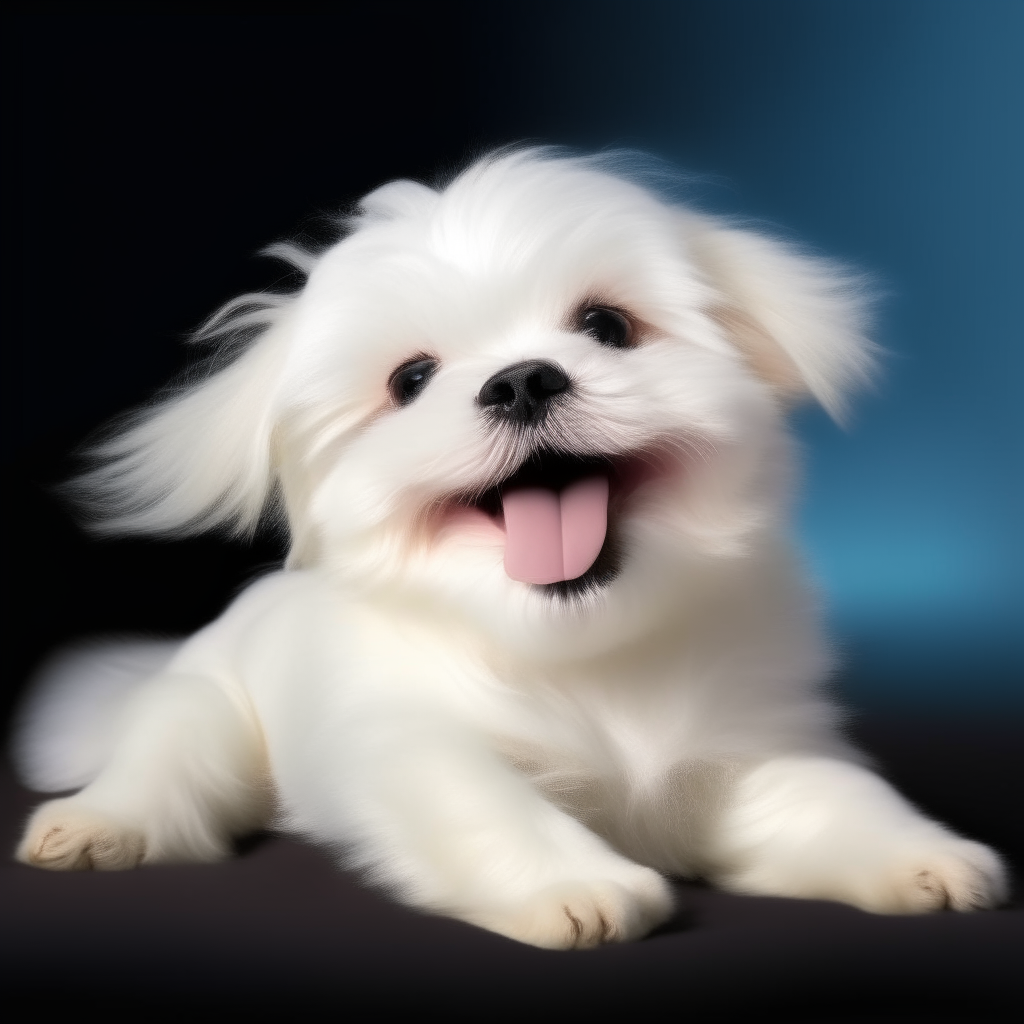 A fluffy white Maltese puppy laying on its back with its tongue out on a black background