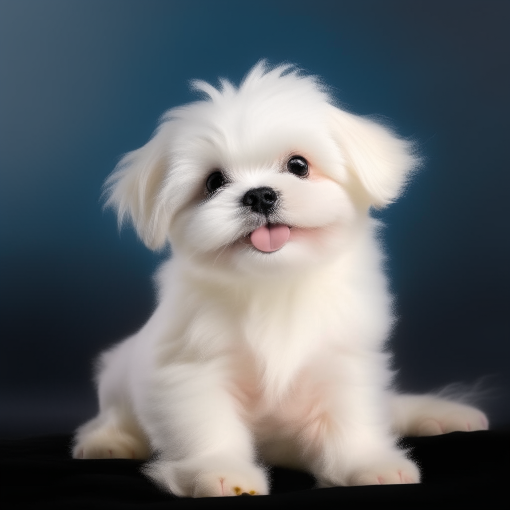 An adorably fluffy white Maltese puppy sitting on a black background