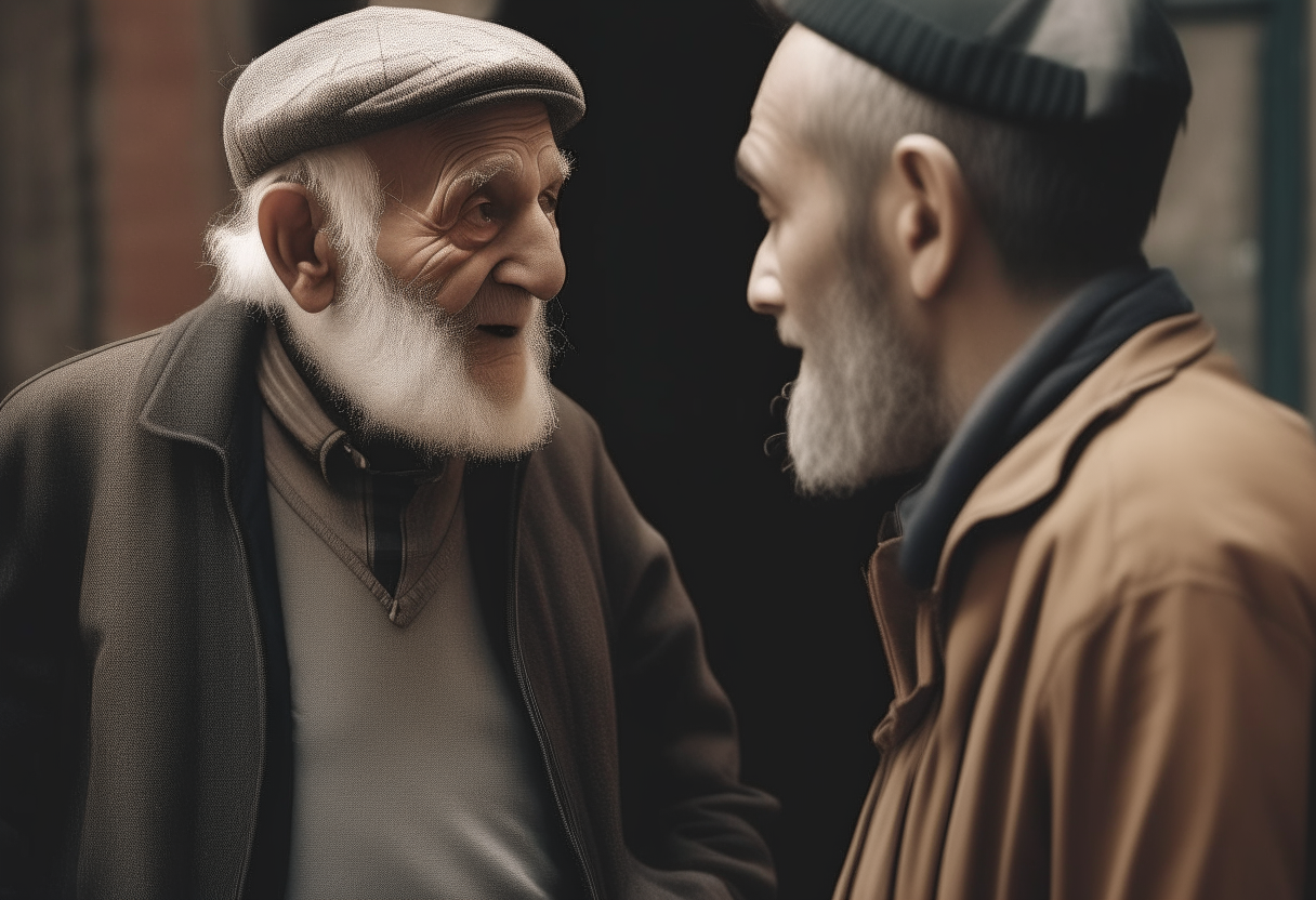 a man  talking with and old man 