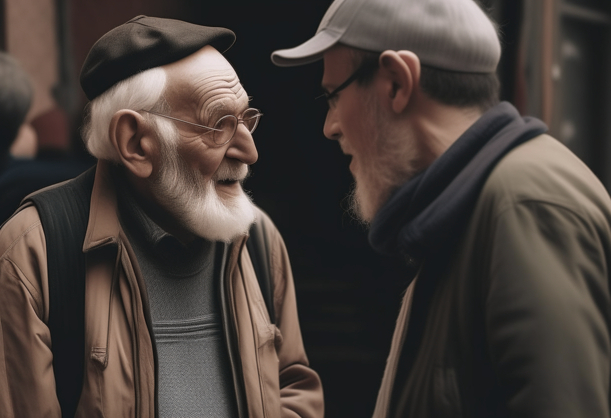 a man  talking with and old man 