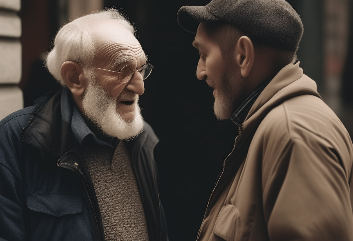 a man  talking with and old man 