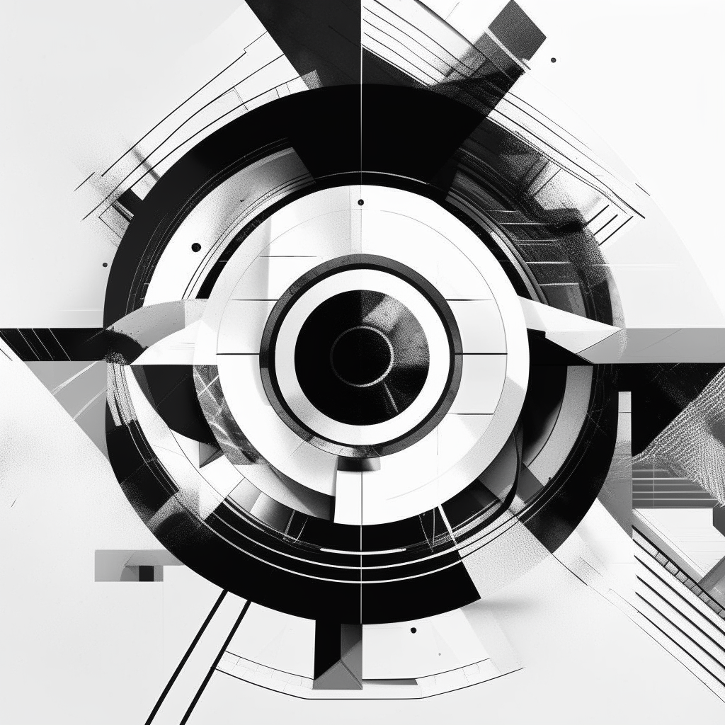 CD cover for a techno album in black and white, featuring abstract geometric shapes in the center on a plain white background, with empty space around the edges