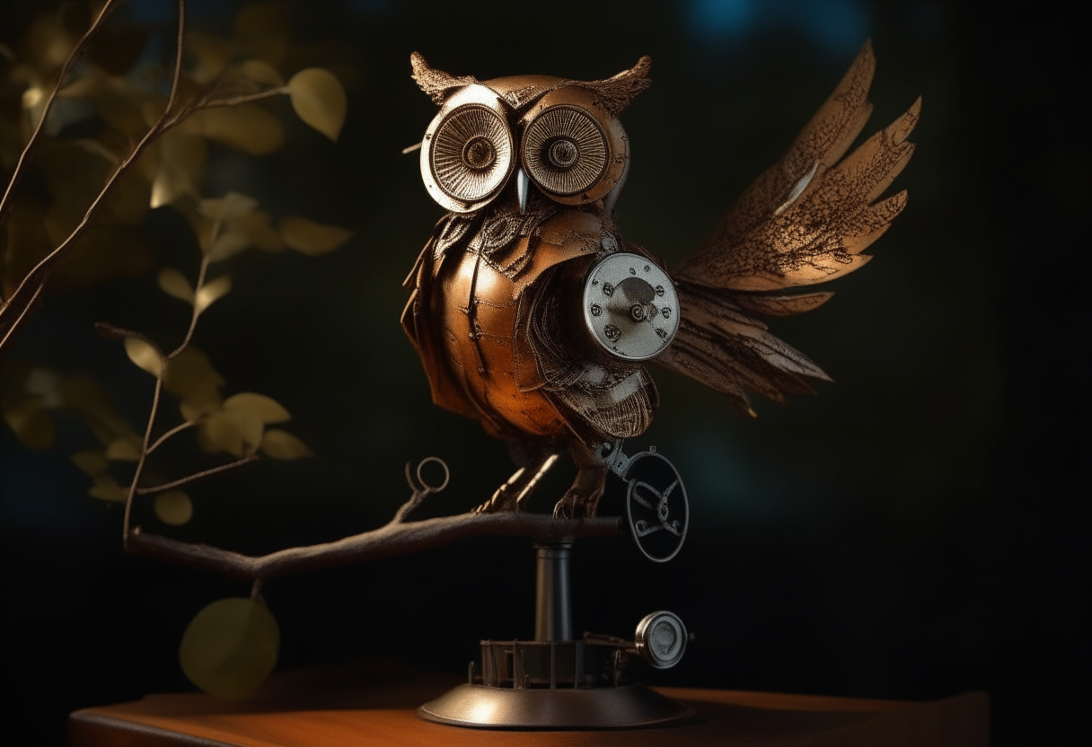 A robotic owl perched on a tree branch, made of brass, copper and steel. Its feathers are engraved plates that catch the moonlight. Gears and lenses peek through where feathers have been carefully crafted away. It tilts its head curiously, ready for flight.