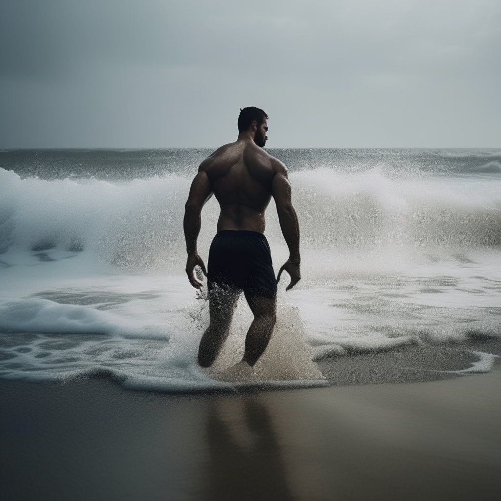 a muscular man walks deeper into the ocean, his muscles flex as the water rises to his waist