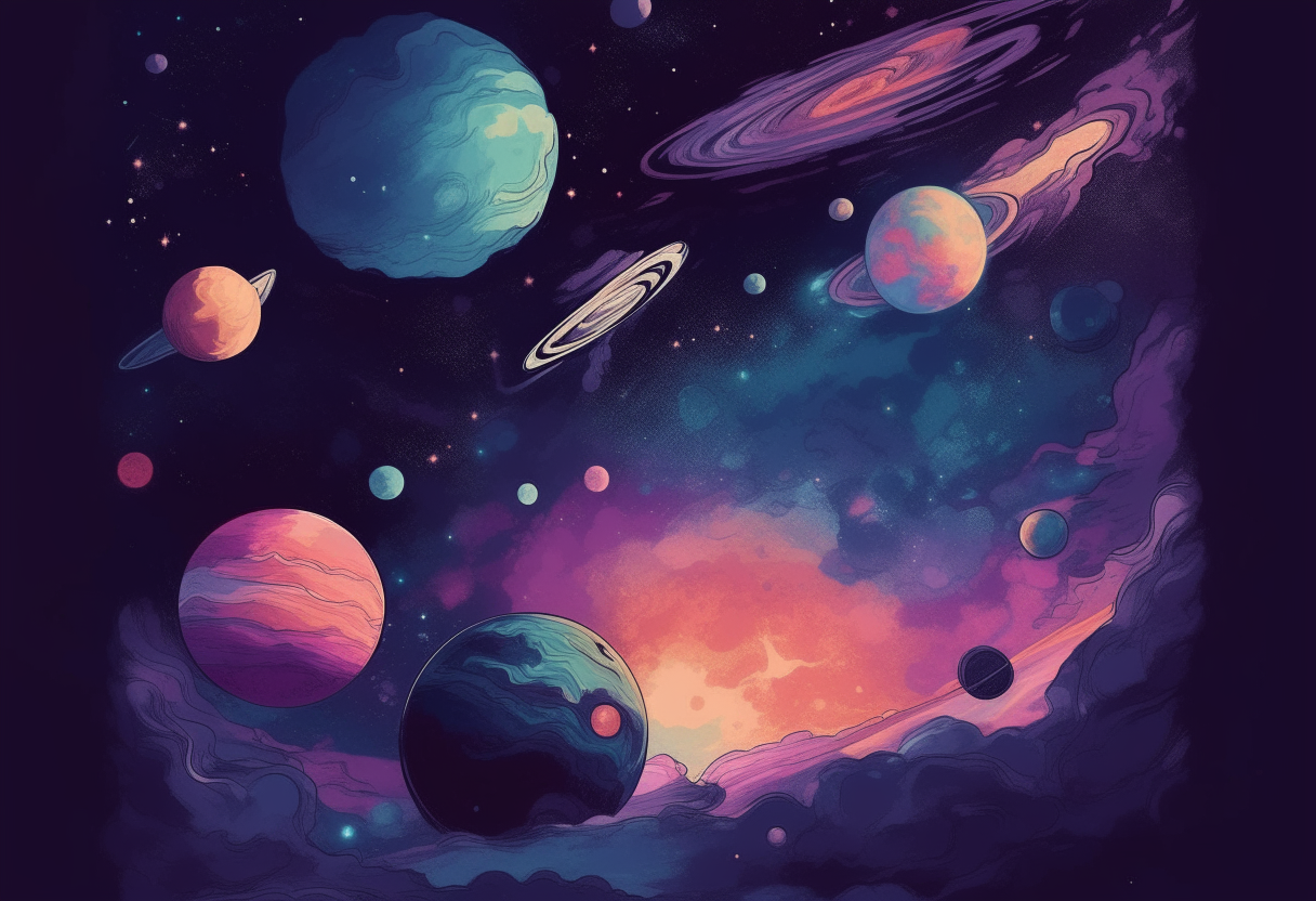 A night sky filled with colorful nebulae and planets, in the distinctive art style of The Outer Wilds video game - pale colors, hand-drawn textures, with an emphasis on celestial bodies and the vastness of space.