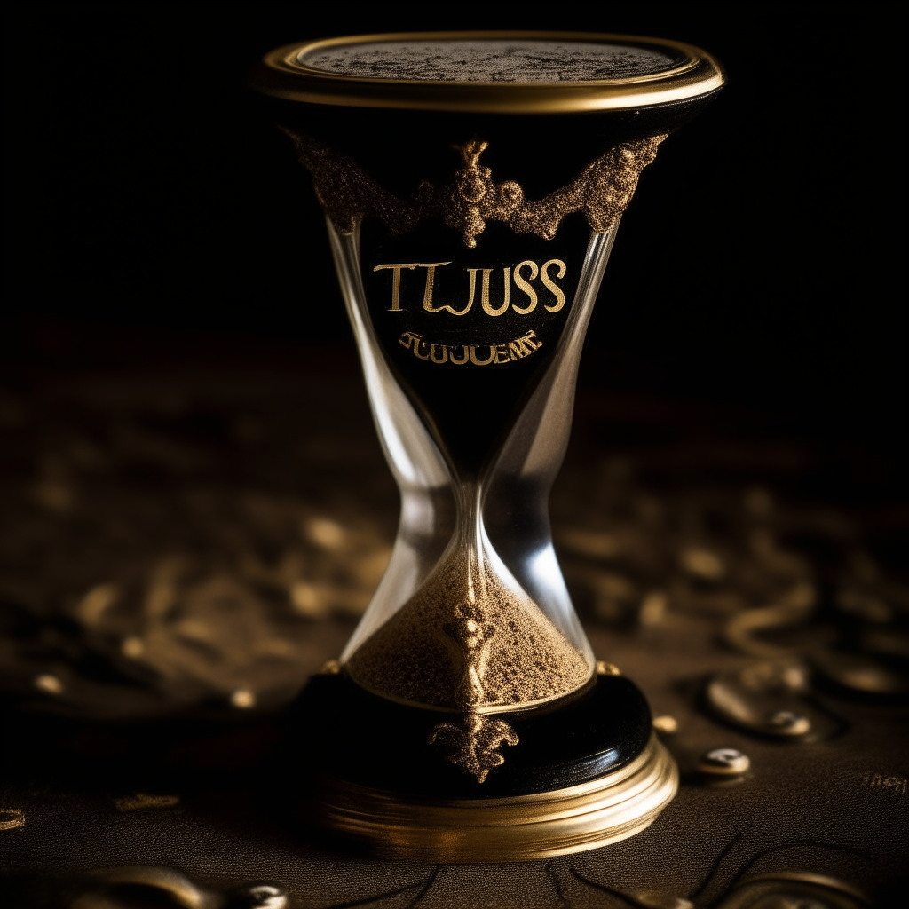 a close up photo of an antique hourglass filled with gold sand, ornate gold edges and trim, sitting on a black velvet background the text 'si tu quieres' written in elegant script below