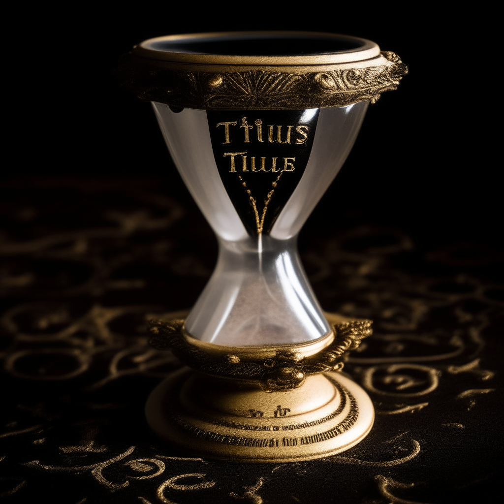 a close up photo of an antique hourglass filled with gold sand, ornate gold edges and trim, sitting on a black velvet background the text 'si tu quieres' written in elegant script below in white