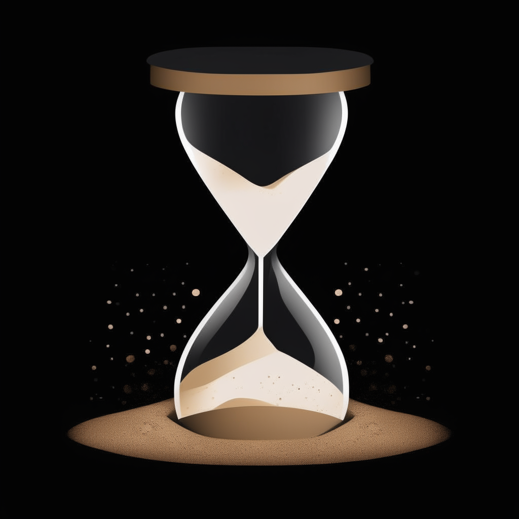 a stylized white hourglass icon on a black background, with wispy light brown sand grains falling down the glass