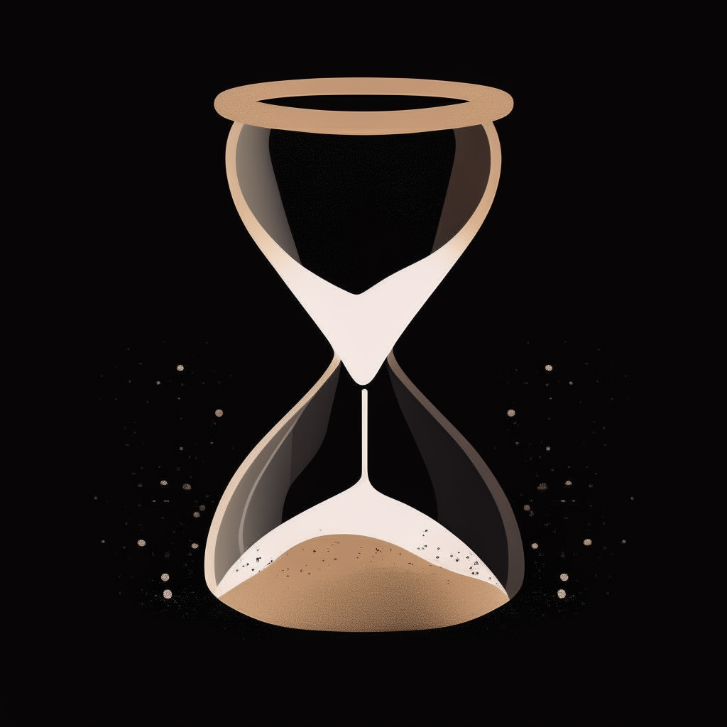 A stylized white hourglass icon on a black background, with wispy light brown sand grains falling down the glass in a curving stream. The hourglass is drawn in a minimalist, geometric style.