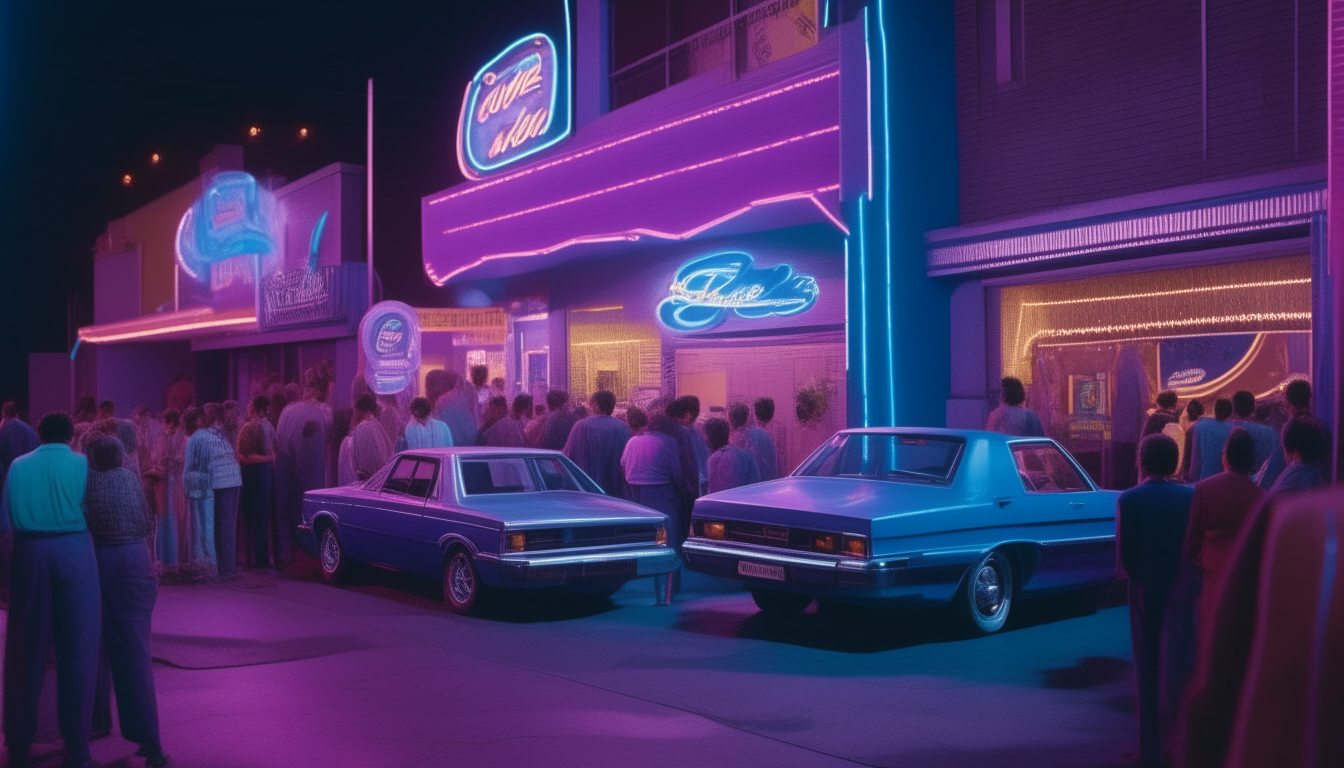 A frontal view of a 1980s nightclub. Purple and blue neon signs glow above the entrance. Cars are parked along the street as people in colorful outfits chat outside the doors.