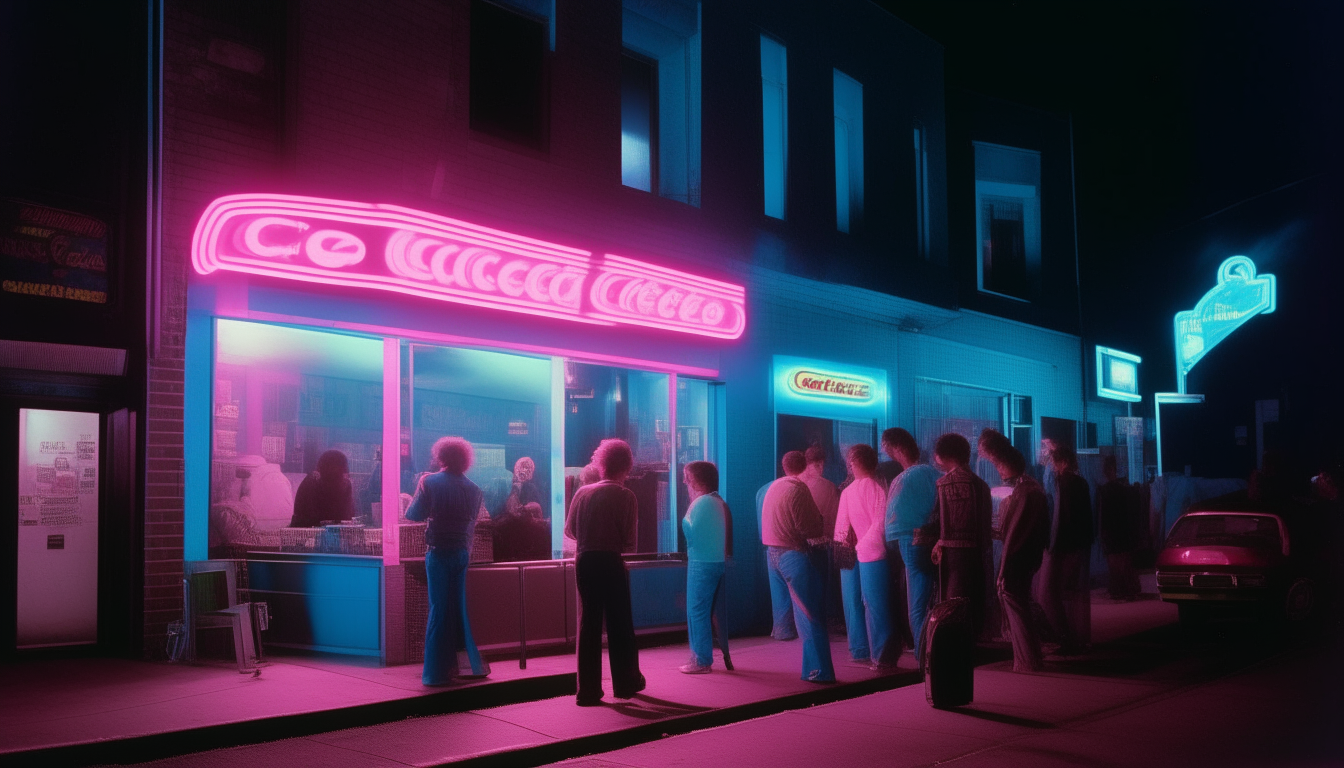 The 1980s nightclub at night. Pink and blue neon lights flash as a group of people smoke cigarettes on the sidewalk. Through the windows, colorful lights strobe to the beat of an unseen song.