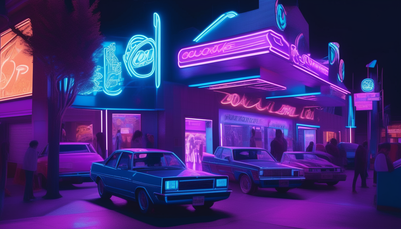A front view of a neon-lit nightclub from the 1980s. Purple and blue signs glow above the entrance, reflecting off the shiny hoods of parked cars and people's colorful outfits.