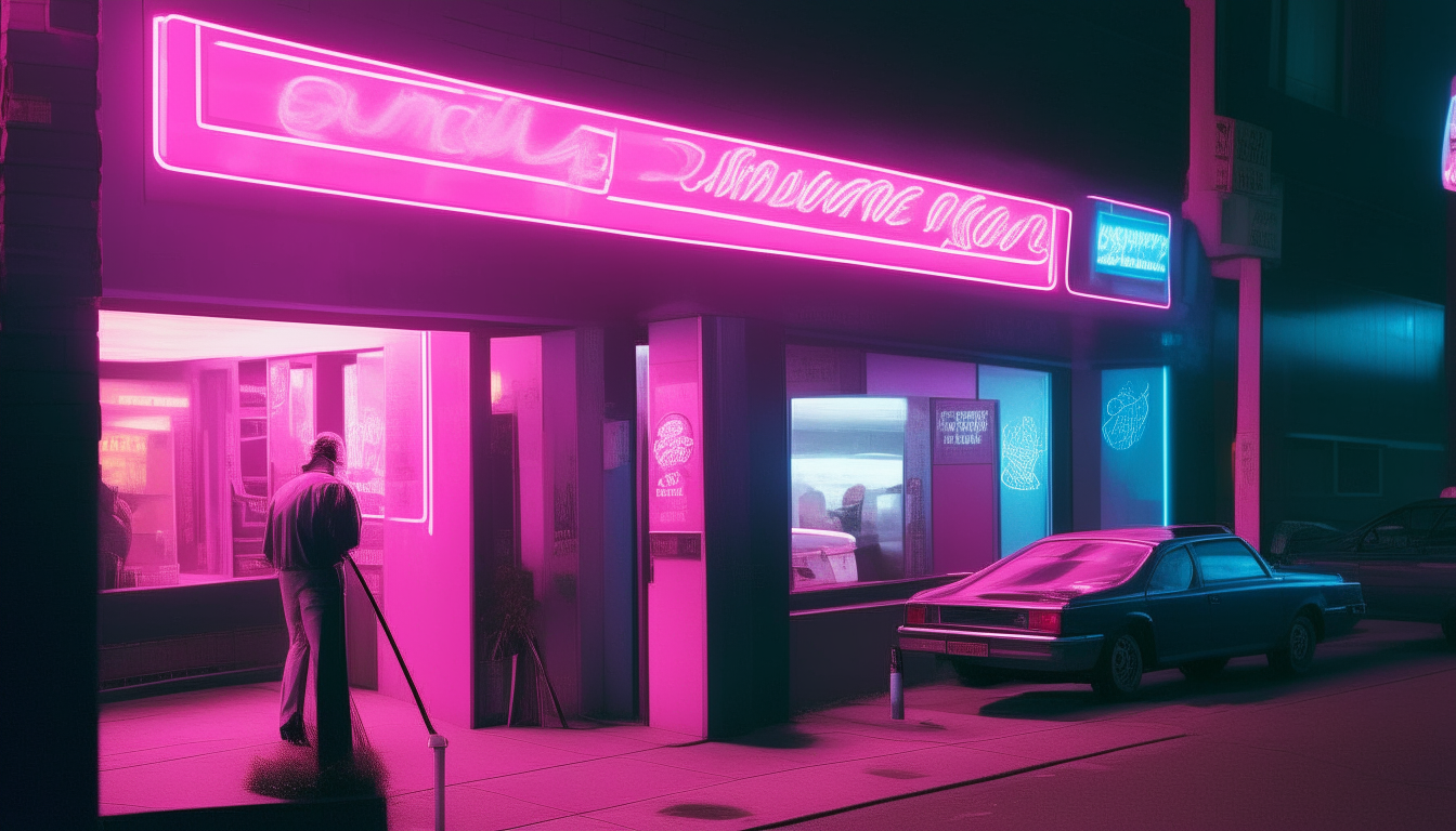 The sidewalk outside the nightclub. Smokers lounge on the pavement as a bouncer checks IDs at the entrance beneath a flashing pink sign.