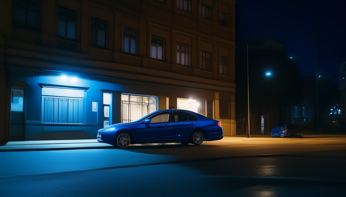 A blue sedan parked on the street outside a building at night. Streetlights glow overhead.