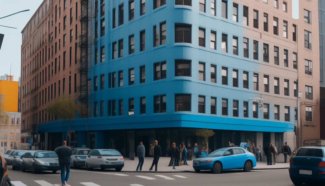 The same building during the day, with a blue compact car out front and people walking by.