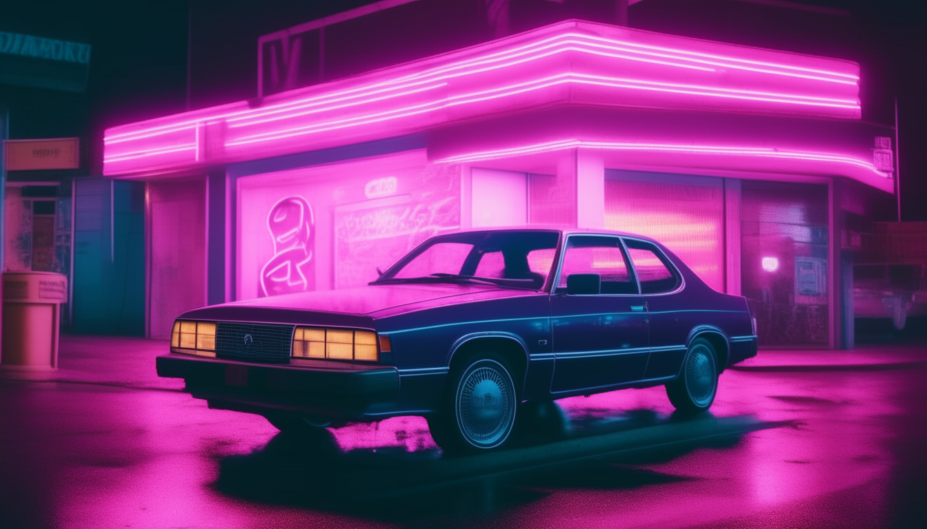 The purple car parked at night beneath a neon sign. Blue and pink lights wash over the metallic paintwork.