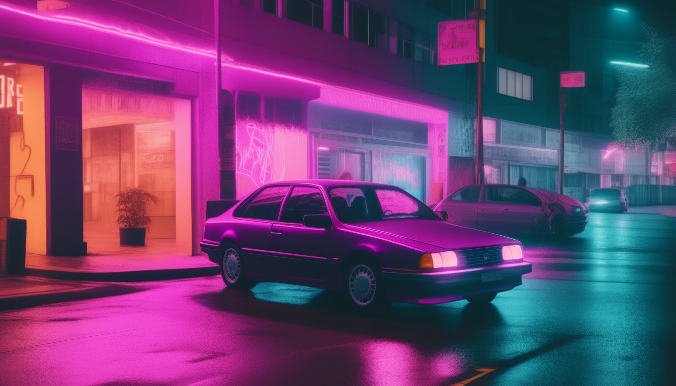 A neon-lit street corner during the day. The purple car waits at the curb as pedestrians pass in the multi-colored glow.