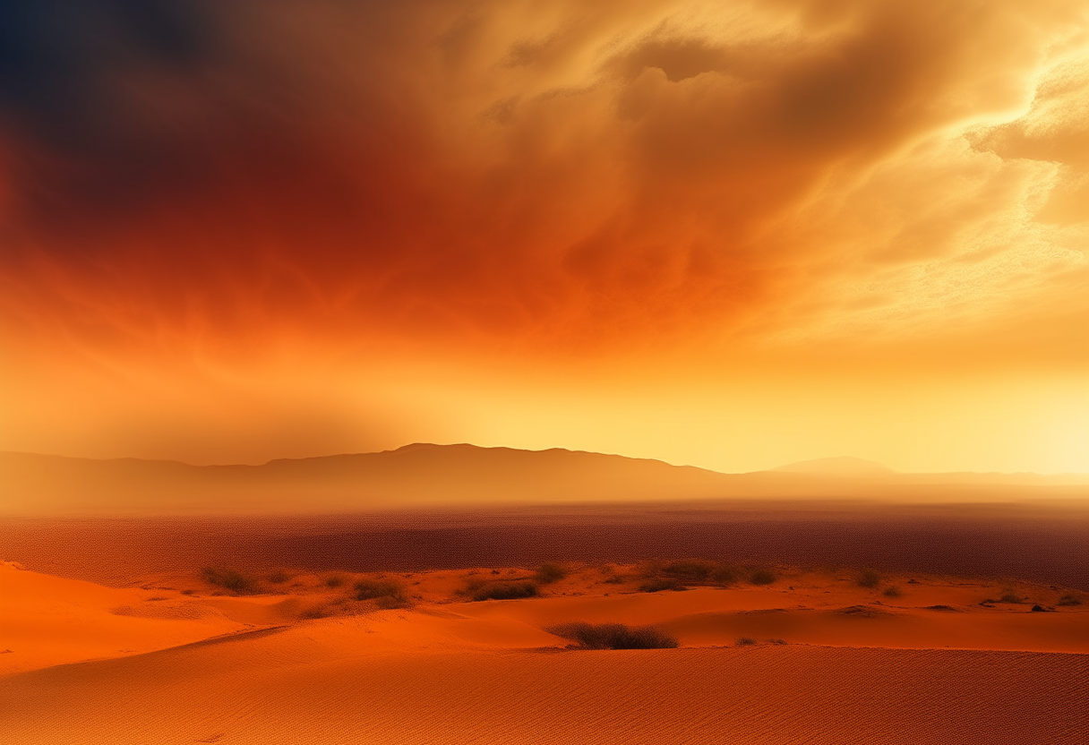 A vast desert landscape under a huge orange sky, with massive dust clouds billowing in the distance