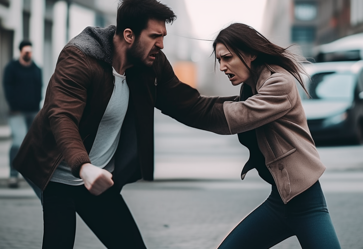 A man fighting with a woman in the street  