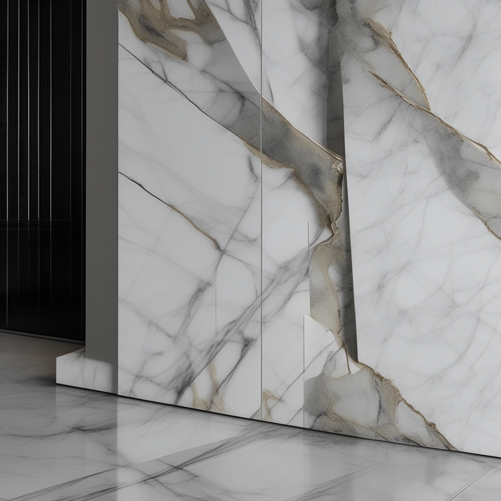 Calacatta Murano marble slab, large slab leaning against a wall, veined white with subtle grey veins