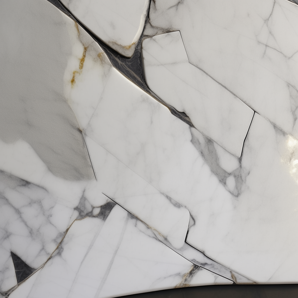 Calacatta Murano marble slab, slab cut into a triangular shape, veined white with subtle grey undertones