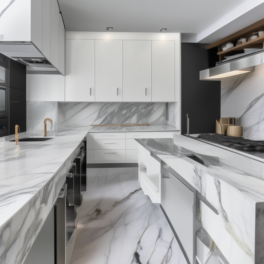 Calacatta Murano marble countertops in a modern kitchen, veined white slabs with grey undertones, stainless steel appliances