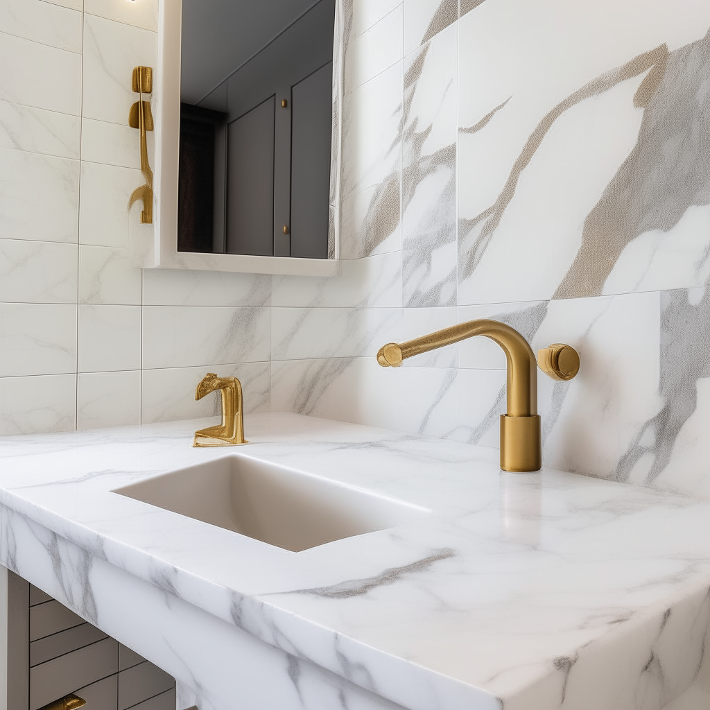 Calacatta Murano marble backsplash in a bathroom, veined white tiles with grey grout lines behind a sink