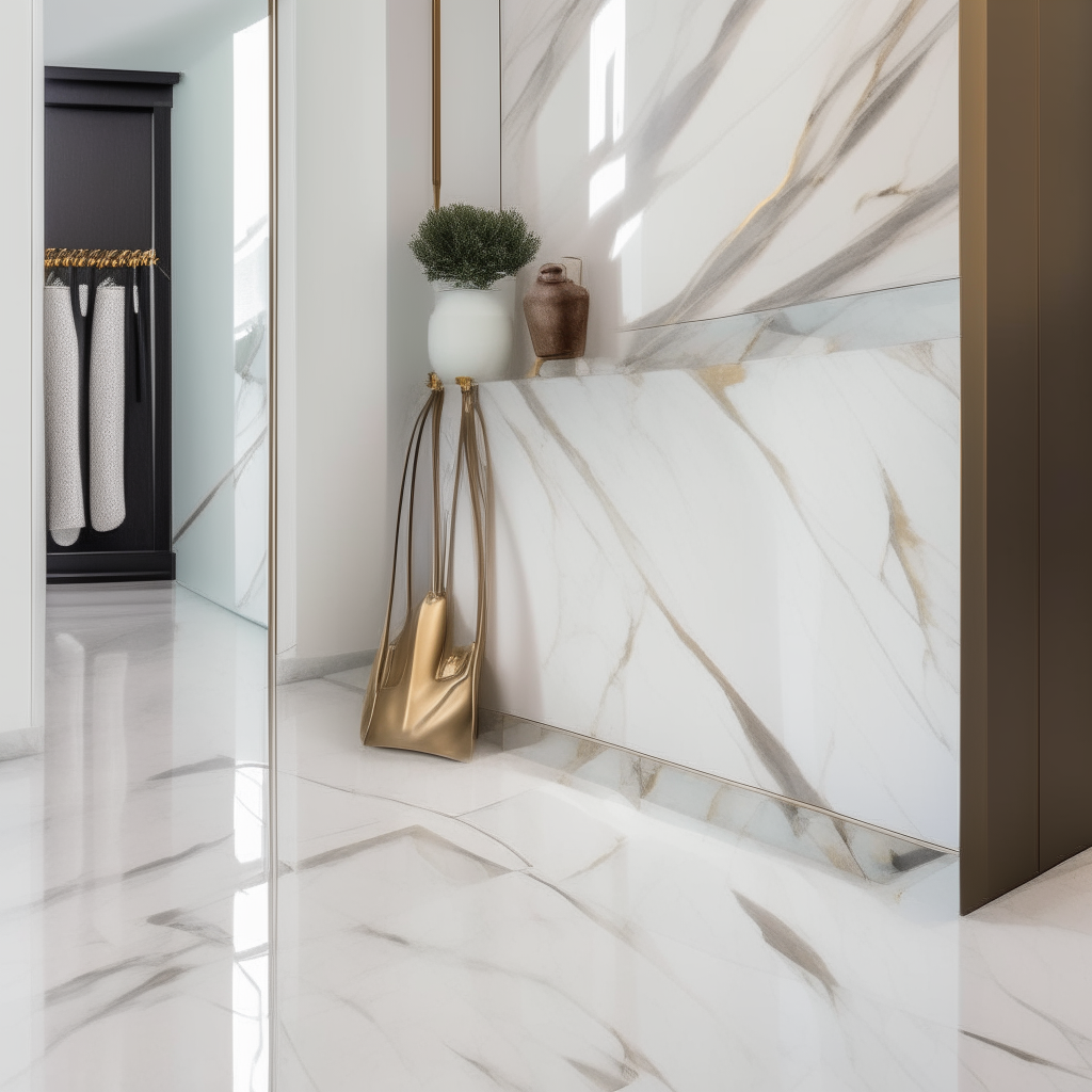 Calacatta Murano marble flooring in an entryway, polished veined white tiles under a coat rack