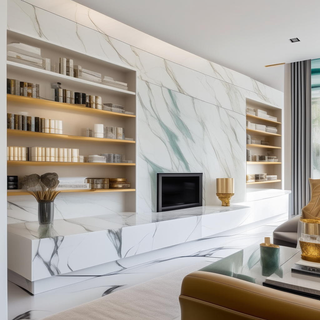 Calacatta Murano marble used as an accent wall in a living room, veined white paneling with built-in shelves