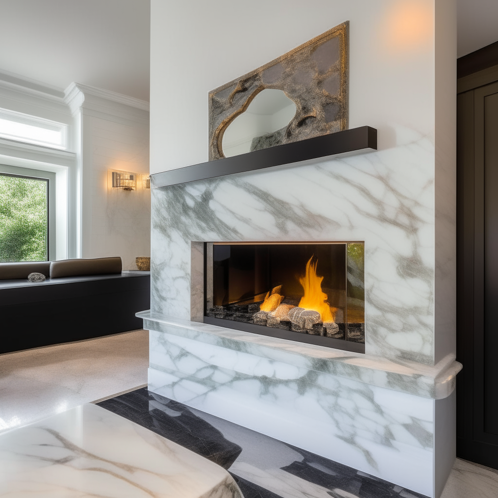 Calacatta Murano marble used on a fireplace, veined white surround and hearth with a gas fireplace