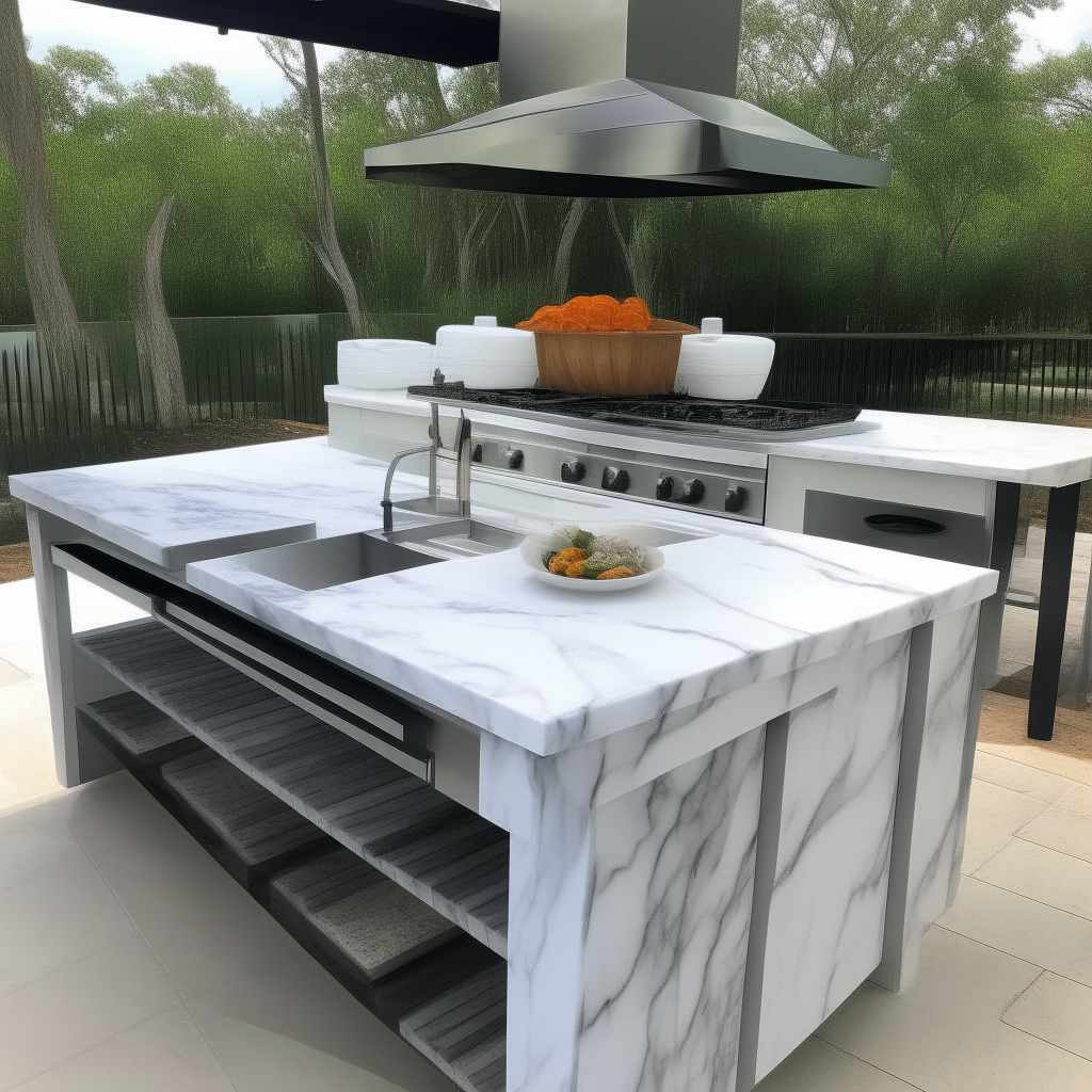 Calacatta Murano marble used for an outdoor kitchen island, veined white slab with a gas grill and sink