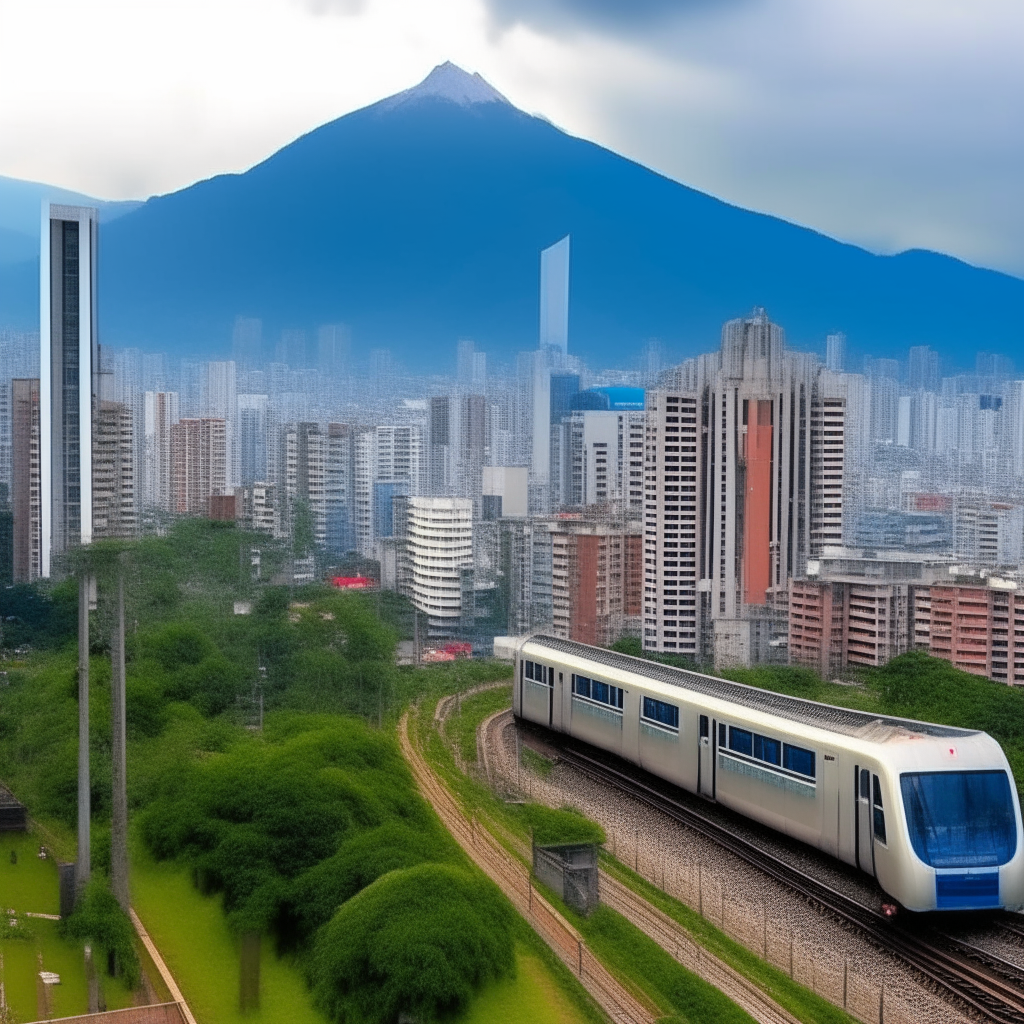 Un tren viajando por una ciudad neo-Tokio con montañas en el fondo