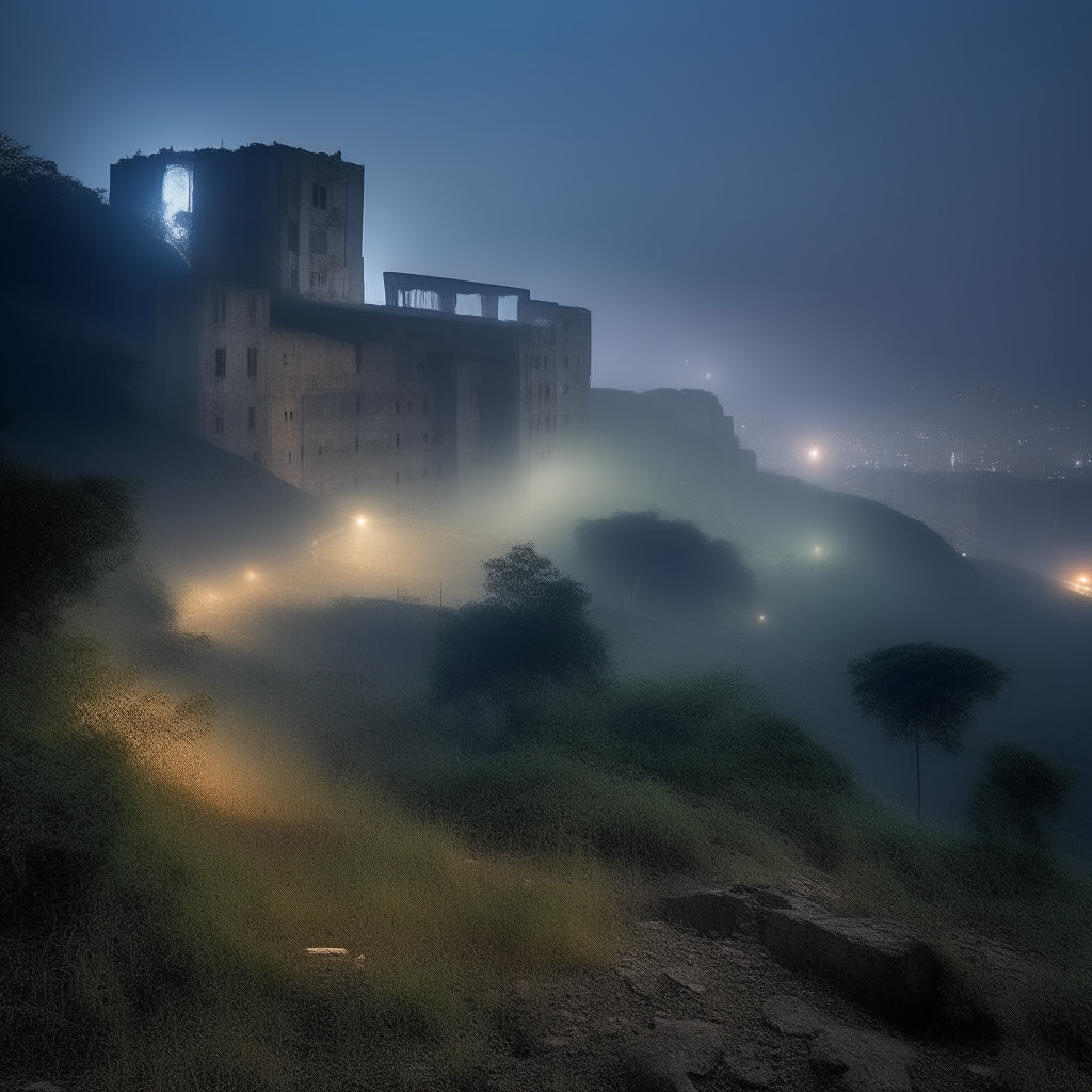 Un paisaje nocturno con edificios en ruinas y niebla espesa