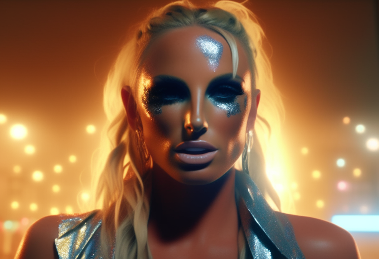 “Ultra detailed and hyper realistic Britney Spears in visually striking music video high quality footage, where she undergoes transformative experiences, shedding layers of symbolic "skin" to reveal her true self? Incorporate dynamic choreography and vibrant visuals to enhance the song's energy. Blue curtains in the sky, Ultra detailed facial expressions and ultra detailed and realistic prett brown eyes, 8k octane render, cinematic,”