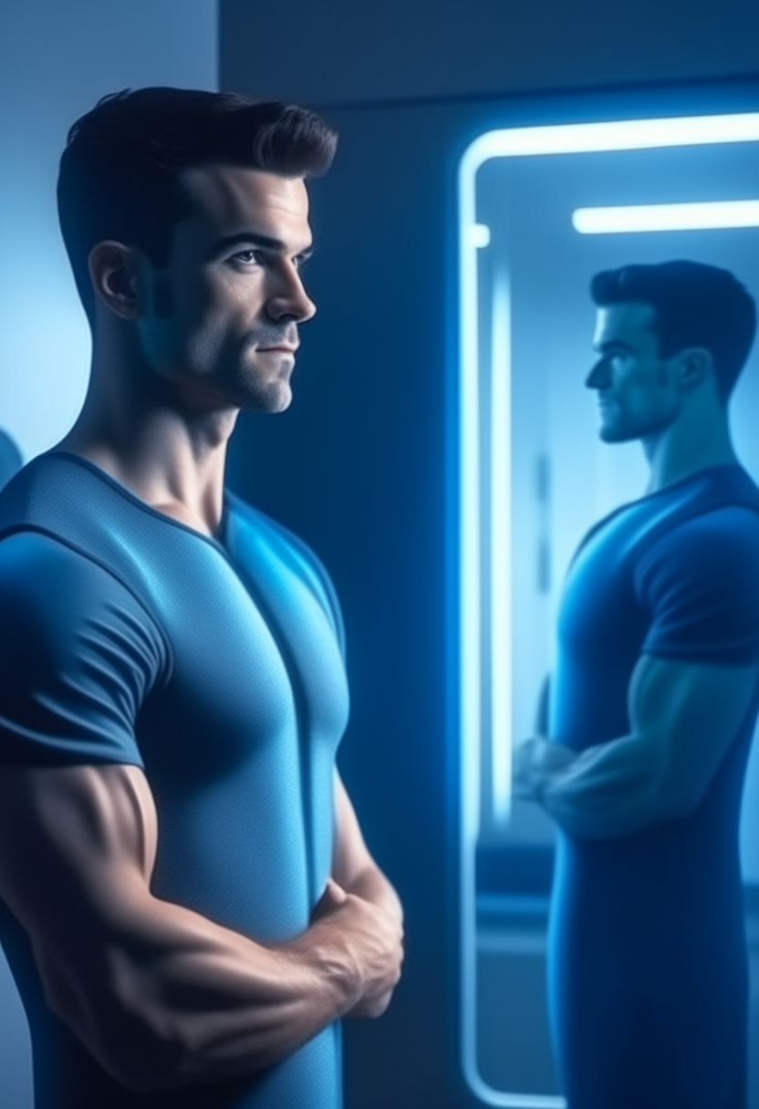 man looking at him self in the mirror, 