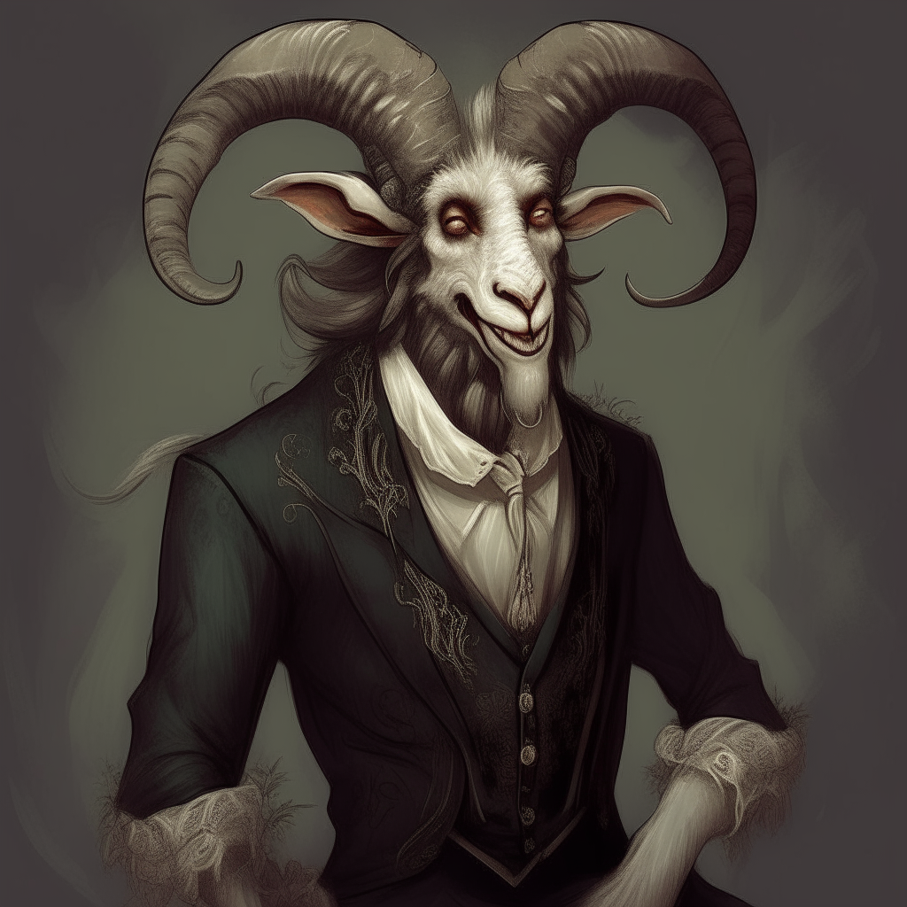 This creature is a goat centaur with a male face and Aries Horns. Its upper body has a human-like face with monstrous teeth, while its lower body transforms into werewolf limbs. It wears a Victorian-style tuxedo made of luxurious fabrics and intricate details.

In short, this is a captivating creature that leaves a lasting impression on anyone who encounters it.