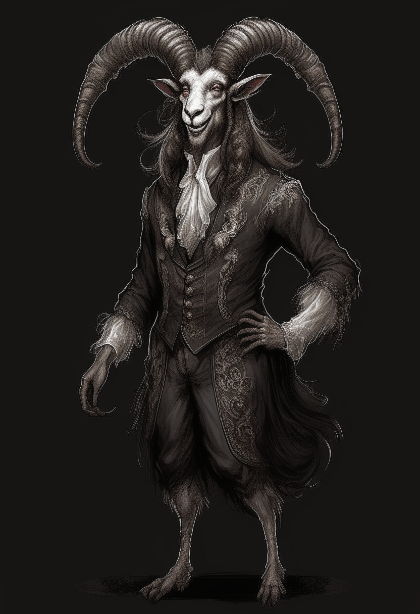 This creature is a goat centaur with a male face and Aries Horns. Its upper body has a human-like face with monstrous teeth, while its lower body transforms into werewolf limbs. It wears a Victorian-style tuxedo made of luxurious fabrics and intricate details full body 
In short, this is a captivating creature that leaves a lasting impression on anyone who encounters it.